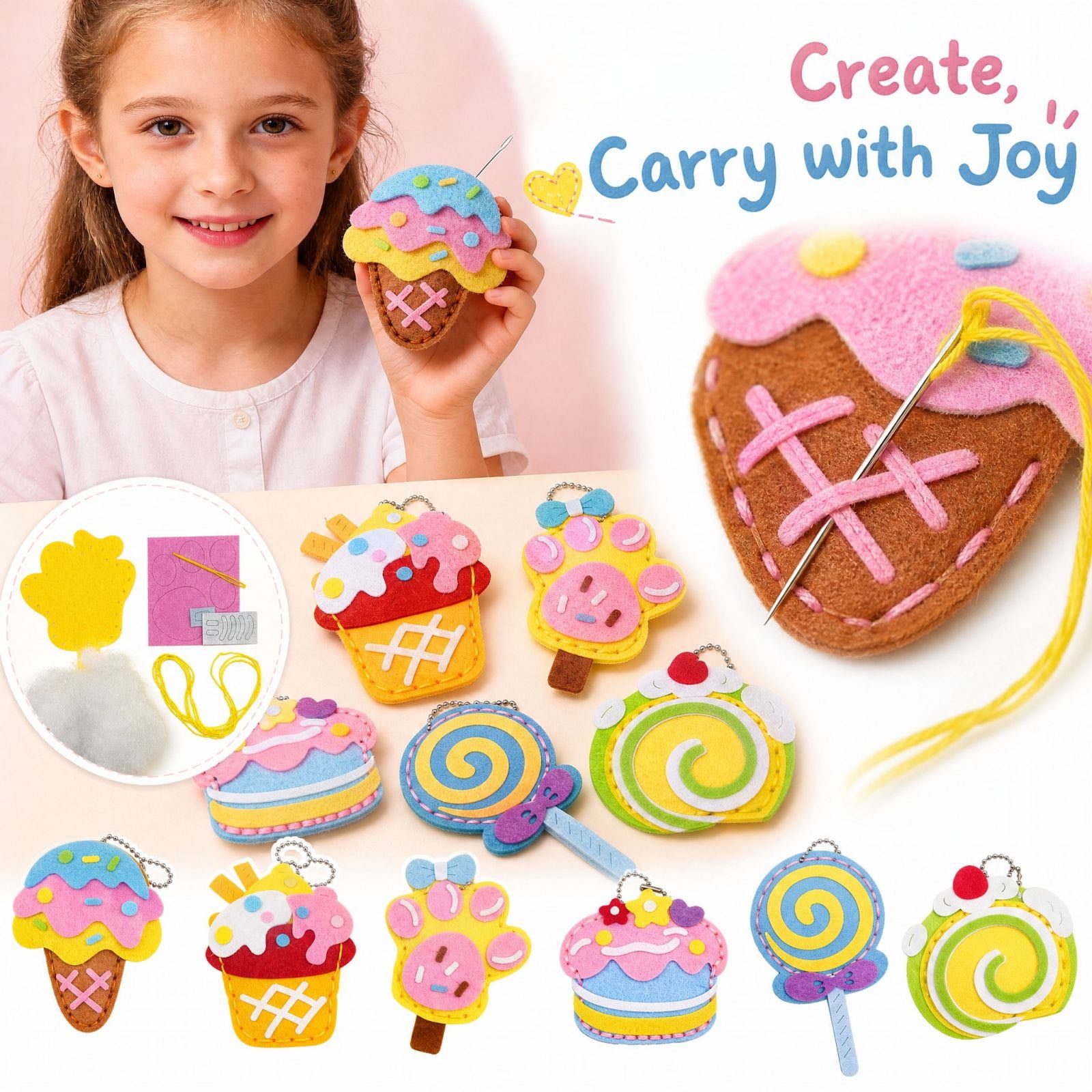 6 Pcs Kids DIY Felt Sewing Kit Ice Cream Cake Candy Keychain Craft Set for Girls Age 5-10 Beginner Needlework with Plastic Needles & Yarn Fun Screen-Free Activity for School Home Party