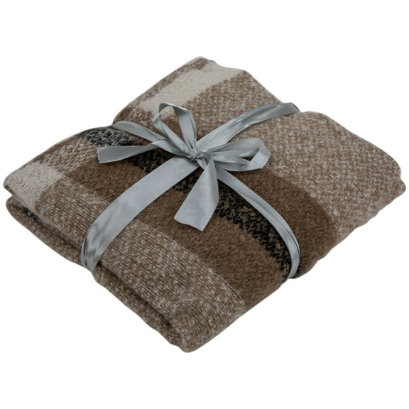 Taupe Plaid Woven Throw Blanket with Fringe 50" x 60"