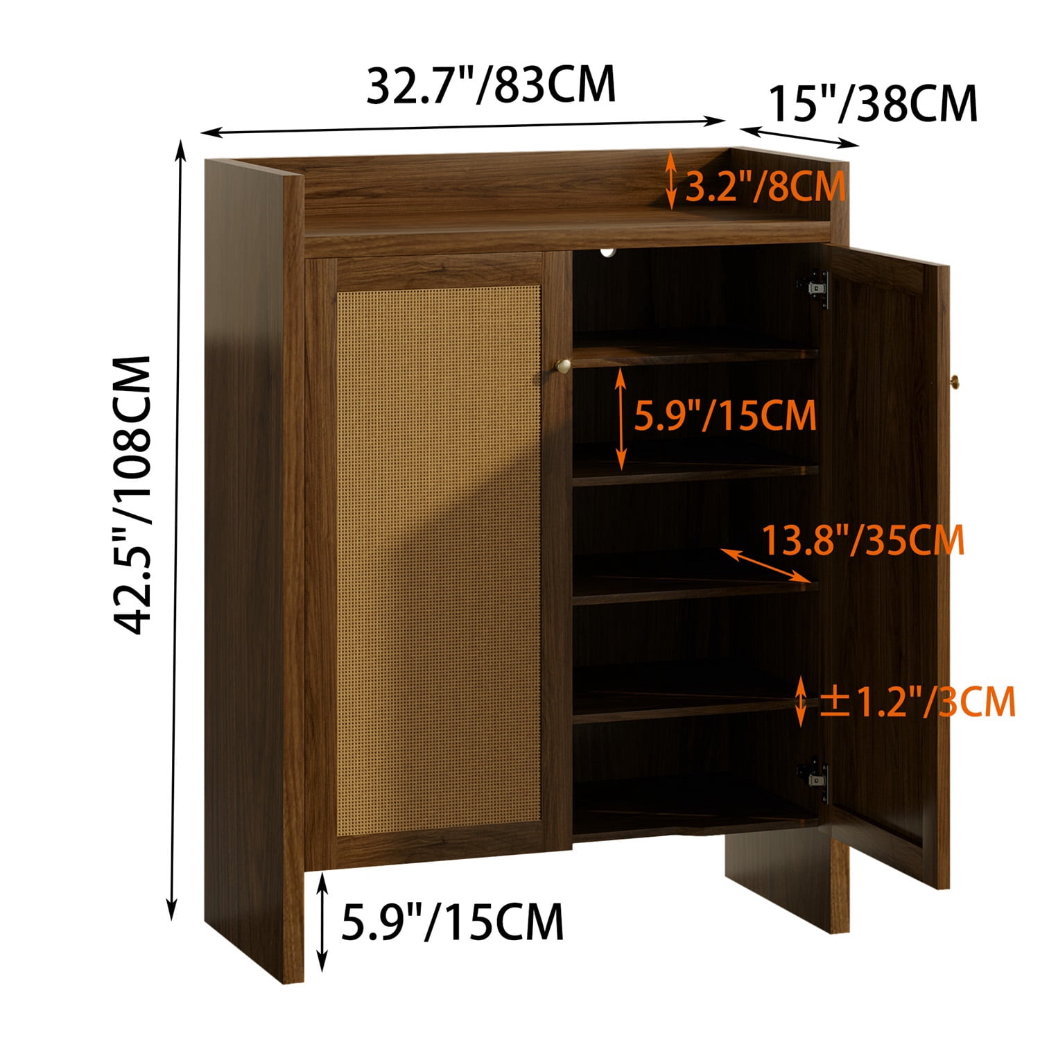 42.5" Tall Rattan Shoe Cabinet with Doors, 6-Tier Wooden Freestanding Shoe Storage Organizer with Adjustable Shelves, Mid-Century Entryway Shoe Cabinet for Hallway & Living Room