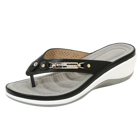 CHOII Clearance Comfortable Women s Orthopedic Sandals Fishmouth Wedges High-heeled Shoes Women s Shoes Sandals Metal Buckle Flip Flops for Women Heightening Wedge Black/9.5