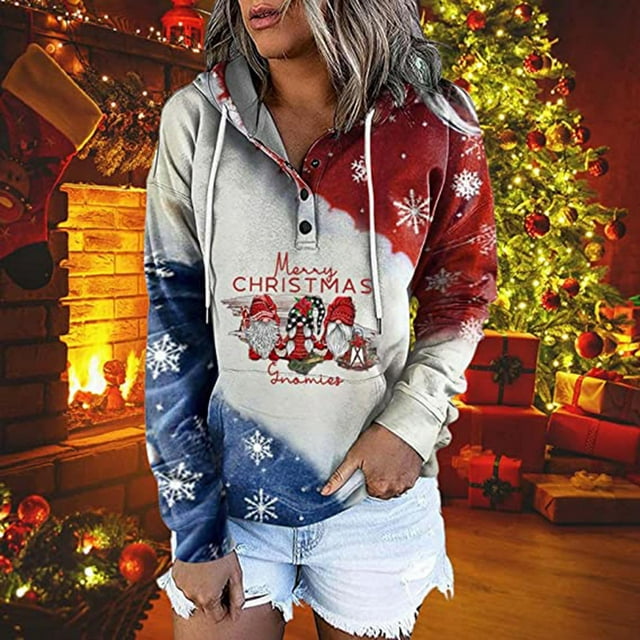 Pntutb moda mujer cuello redondo manga larga otoño camiseta Navidad impresión blusa con capucha tops Pntutb Pntutb-4872