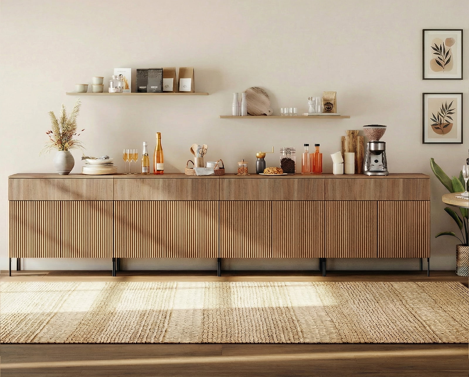 126" Wooden Reeded Sideboard with Doors and Drawers, 4-In-1 Modern Wide Credenza Storage Cabinet for Kitchen, Dining Room