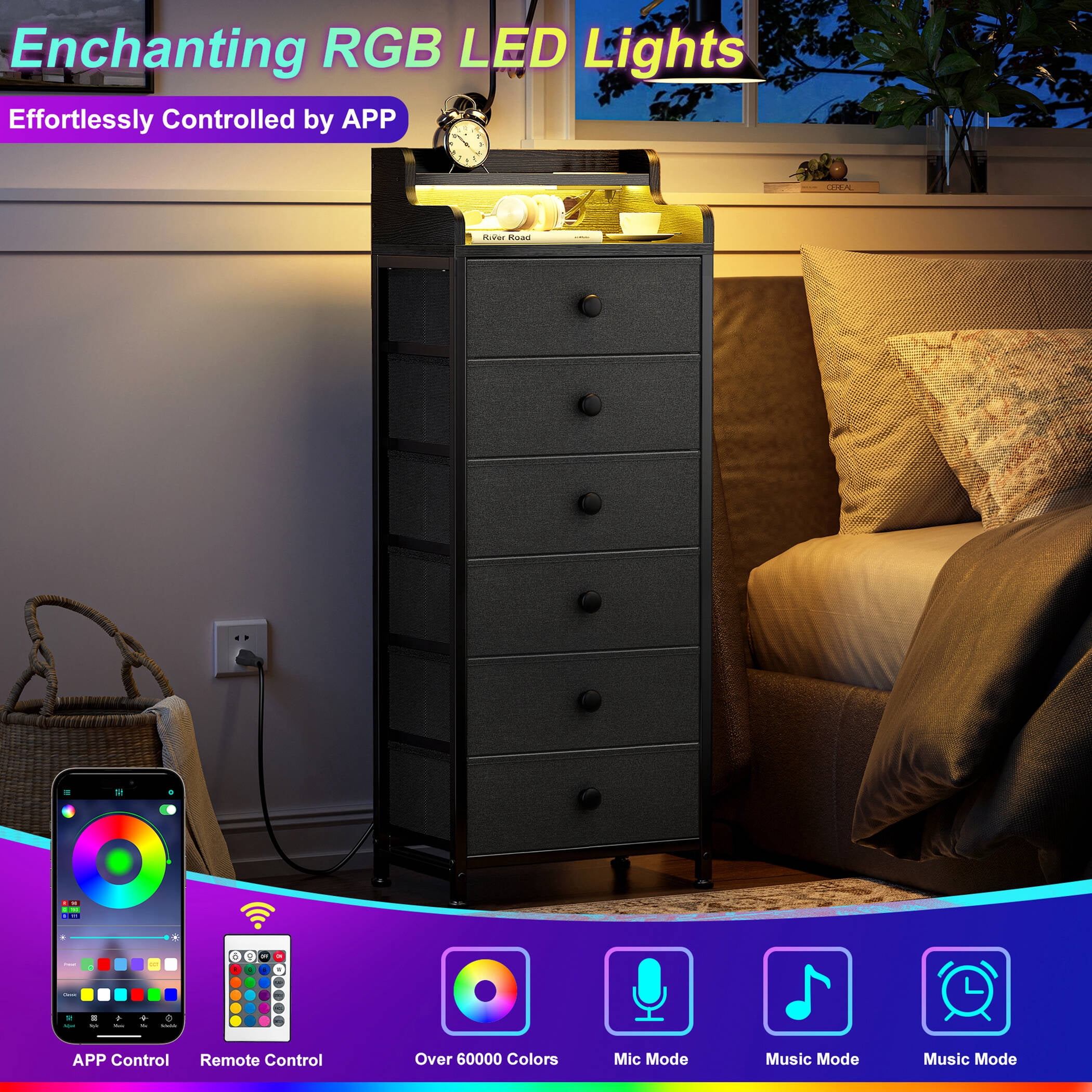 GUNAITO Led Dresser for Bedroom 6 Drawers Tall Fabric Closet Chests of Drawers,Grey