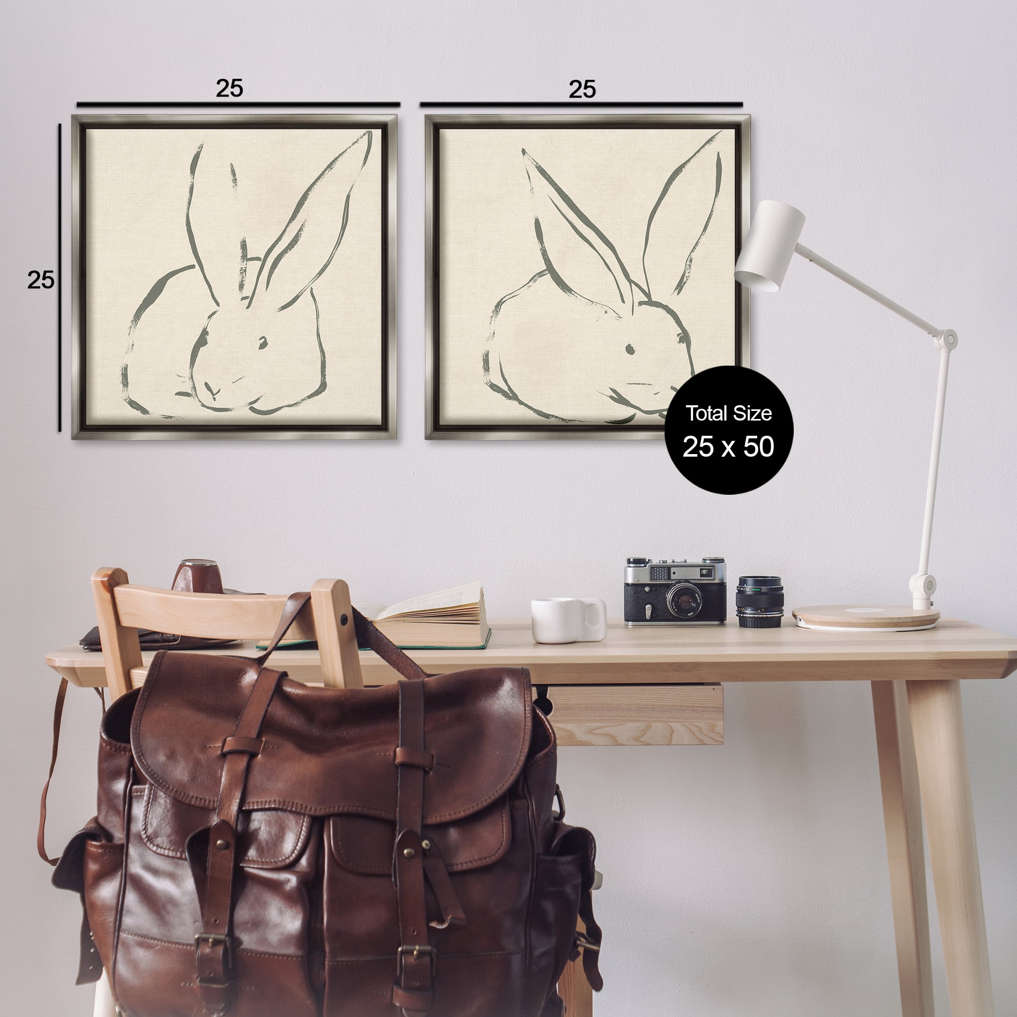 Stupell Industries Minimalist Resting Rabbit Line Drawing Animals Drawing Gray Floater Framed Canvas Art Print Wall Art, 25 x 25, Set of 2