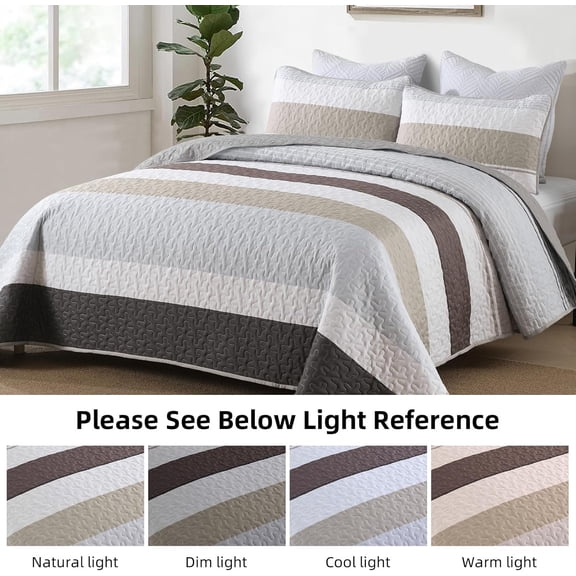 Grey King Size Quilt Set,Boho Grown Bedspread Fall Striped Patchwork Bedding Set Micofiber Bohemian 3 Pieces Quilts Lightweight Farmhouse Coverlet Bed for Men Winter