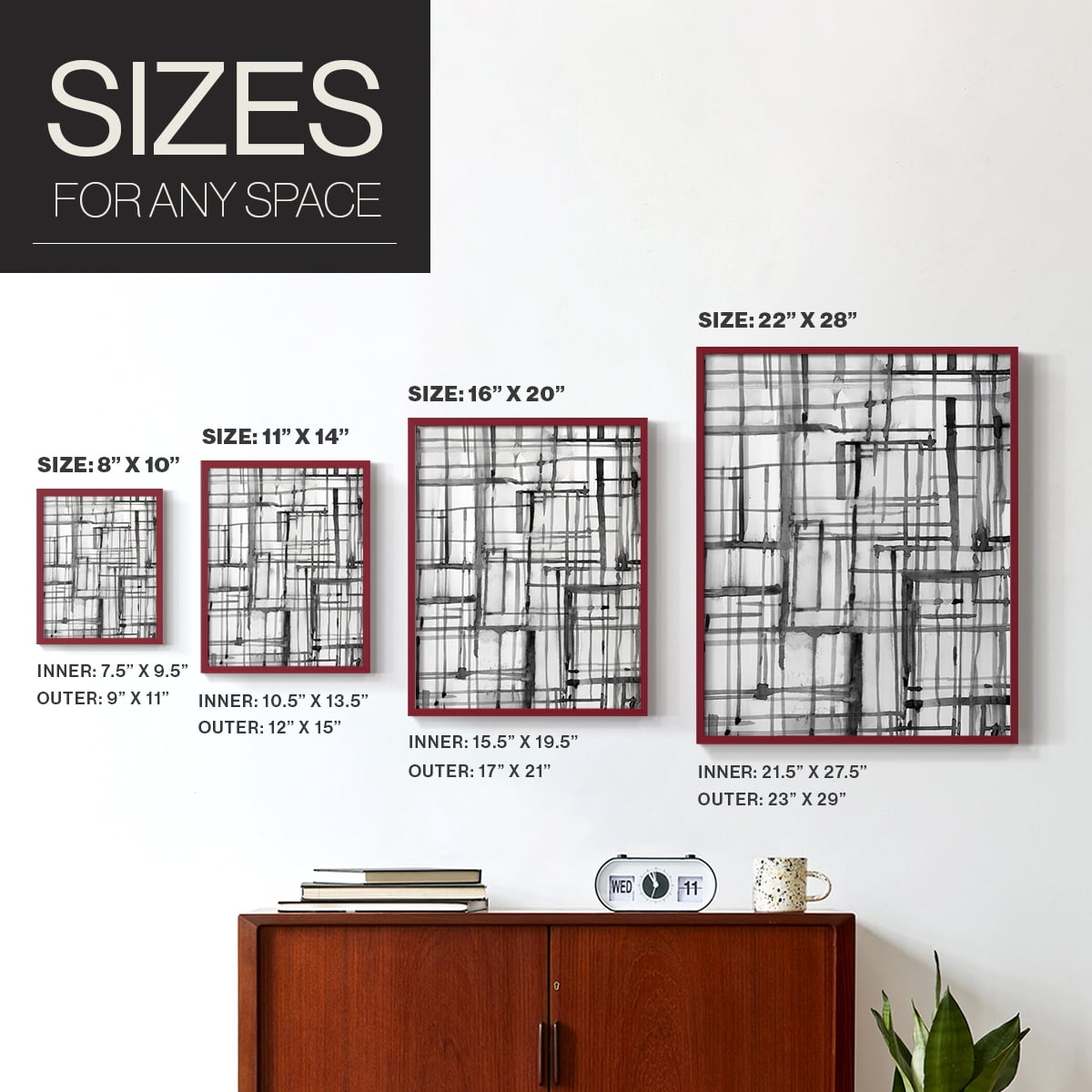 Line Meditation II in Red Solid Wood 11 x 14 Framed Print