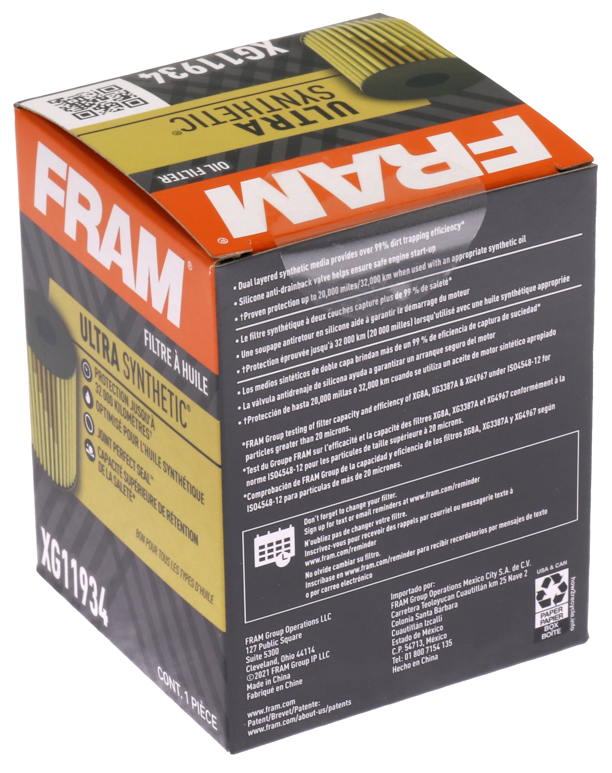 FRAM Ultra Synthetic Oil Filter, XG11934, 20K mile Filter for Select Genesis, Hyundai, Kia Vehicles