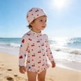 thumbnail image 2 of 6-12M Bathing Suit Girls Toddler Girl Peach Leaf Print Long Sleeve Swimsuit Set with Matching Swim Cap for Warm Pool and Beach, 2 of 4