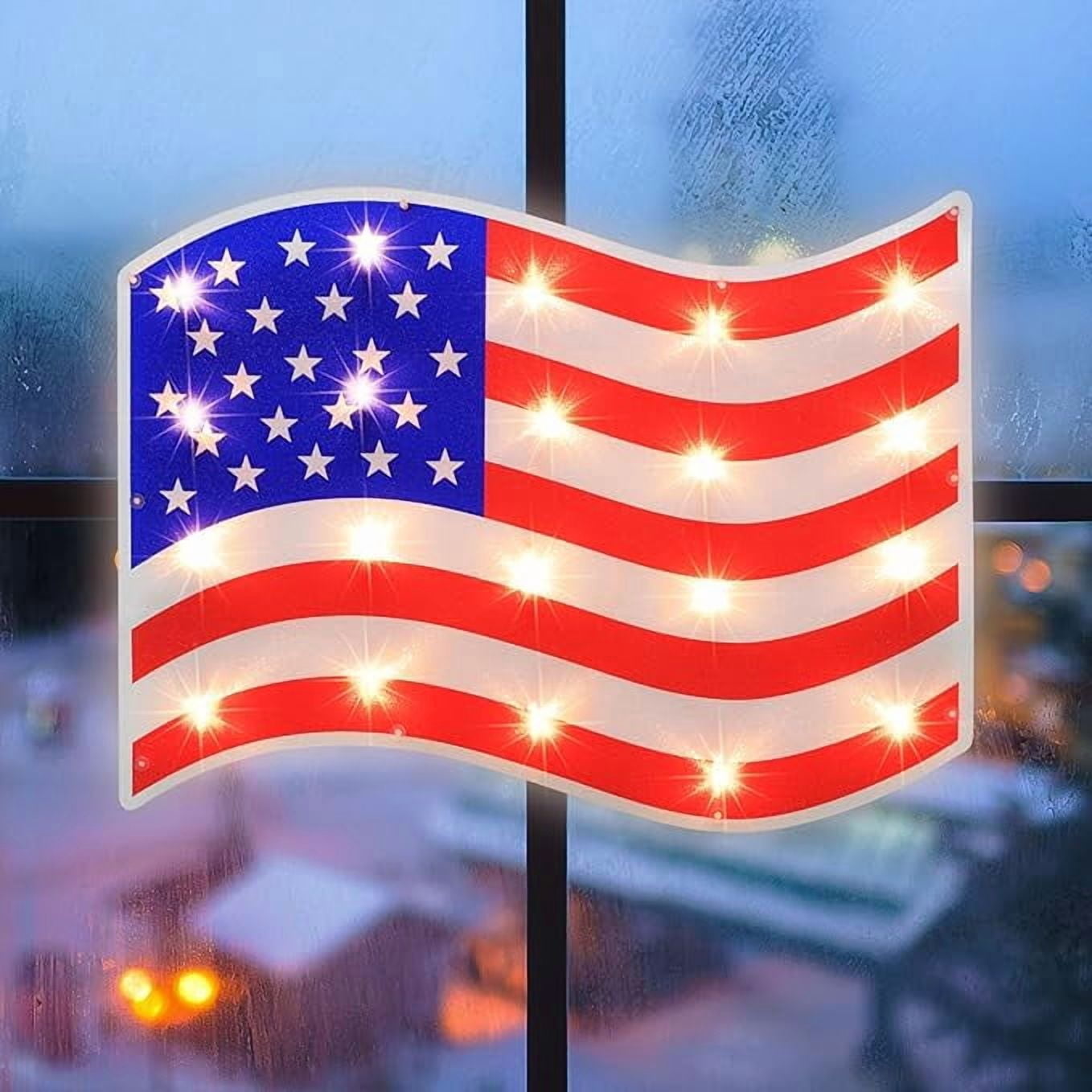 LAMPHOME 17.3'' Lighted Holographic American Flag Window Silhouette Decoration, Red White Blue Patriotic Ornament, Ideal for Independence Day, Memorial Day Holiday Decor