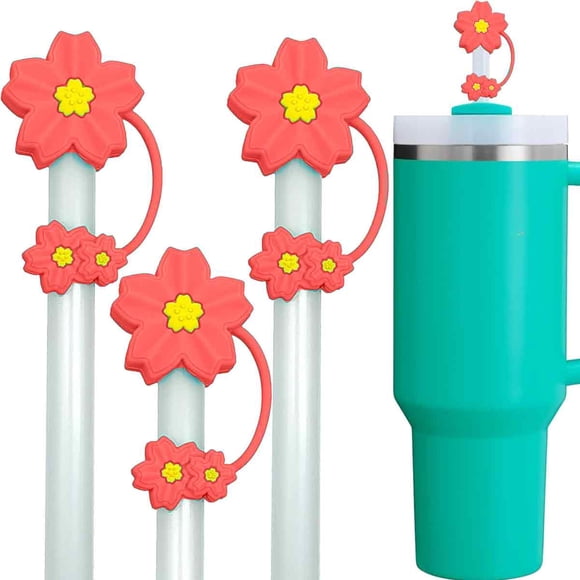 Cubierta de pajita verde azulado para taza - Adorno de pajita con forma de flor de cerezo 3D, 10 mm, accesorio para pajitas para 30 vasos de 40 oz, 3 piezas