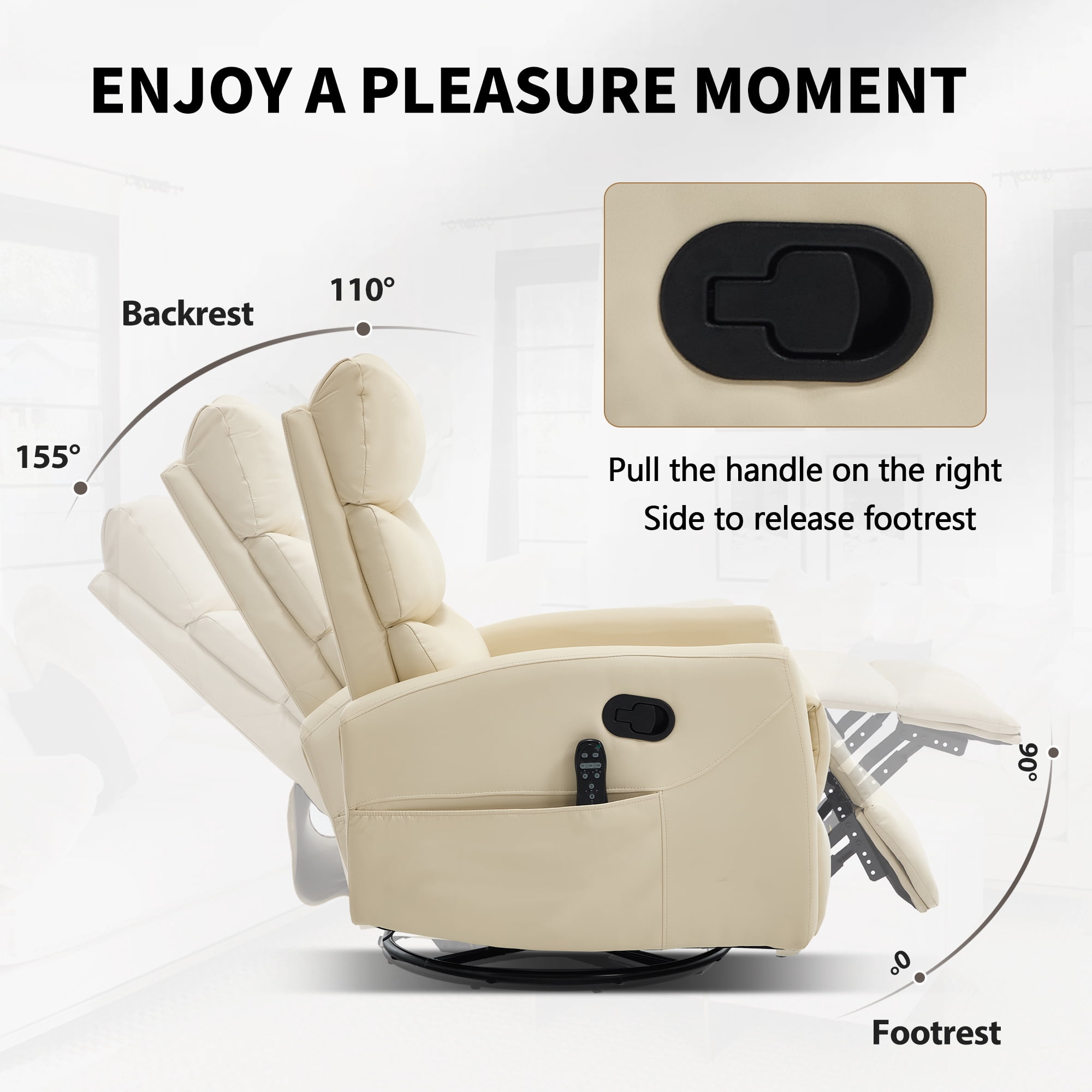 Aukfa 360° Swivel Recliner Rocking Chair with Massage and Heat for Living Room & Nursery, Leather, Beige