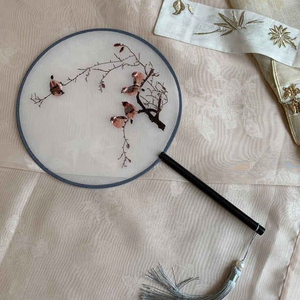 Abanico redondo con bordado de un solo lado con rama superior de Lanfei, mango largo, estilo chino Su bordado, estilo retro, abanico Hanfu, abanico de palacio cheongsam