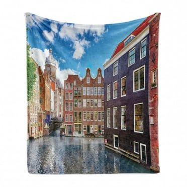 Amsterdam Soft Flannel Fleece Throw Blanket, Buildings of the Holland with Colorful Windows Under the Cloudy Blue Sky, Cozy Plush for Indoor and Outdoor Use, 60" x 80", Multicolor, by Ambesonne