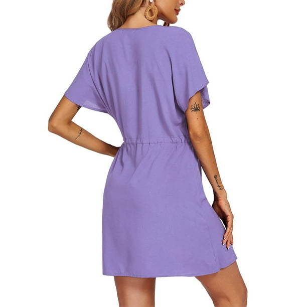 freestylehome Women V Neck Dresses Fashion Short-Sleeve Sexy Skirt Vacation  Vintage Loose Daily-Wear Elegant Polyester Solid Color Dress Purple S 