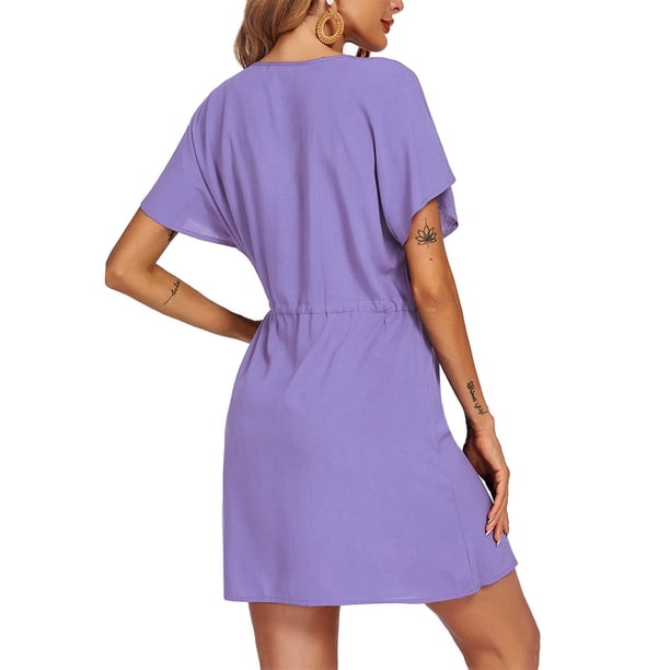 Qarigey Vestidos con cuello en V para mujer, Sexy de manga corta a la moda, vacaciones, Vintage, suelto, diario, elegante vestido de Color Vestidos Violeta S Qarigey AP011470-11