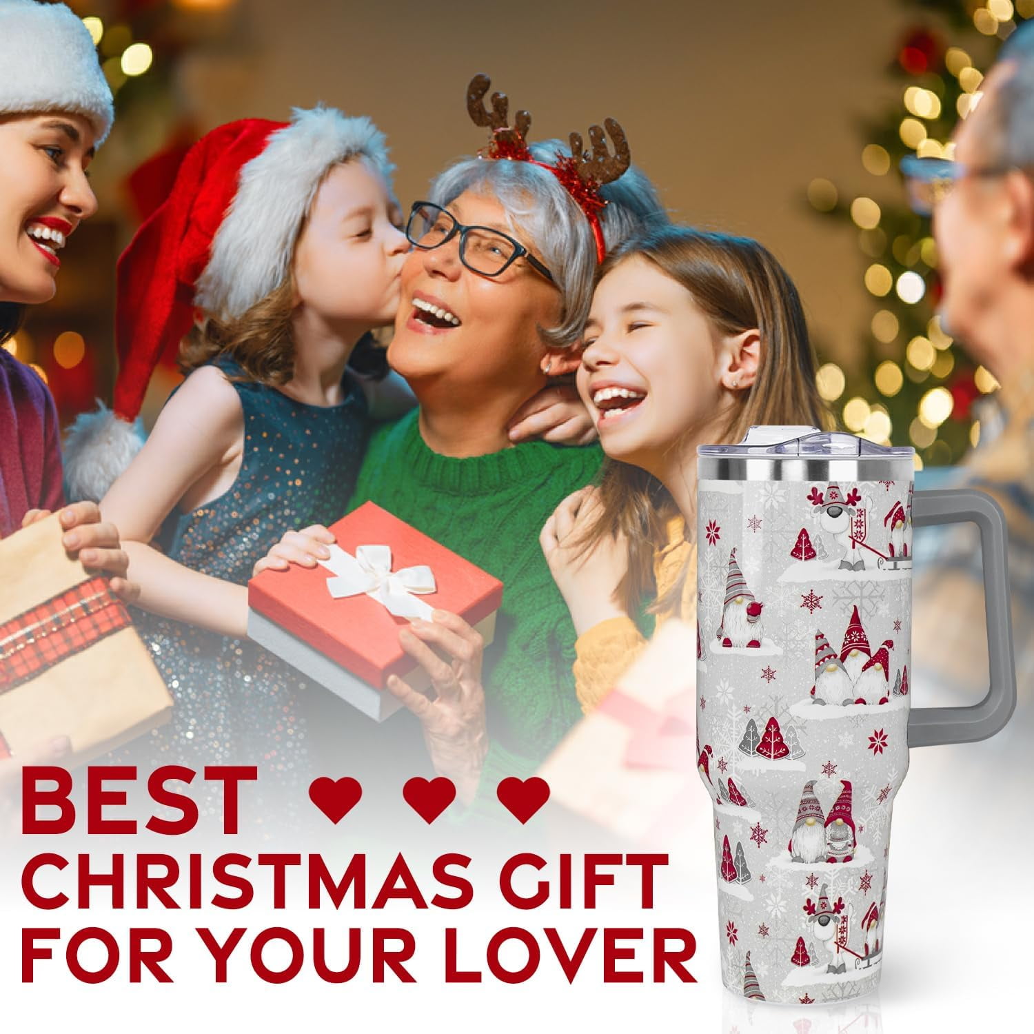 Christmas Gifts 40 oz Tumbler with Handle and Straw Lid,Cute Gifts for Women Winter Gnome Vacuum Insulated Leak Proof Tumbler,Holiday Accessories Stainless Steel Coffee Cup Mug (Red)