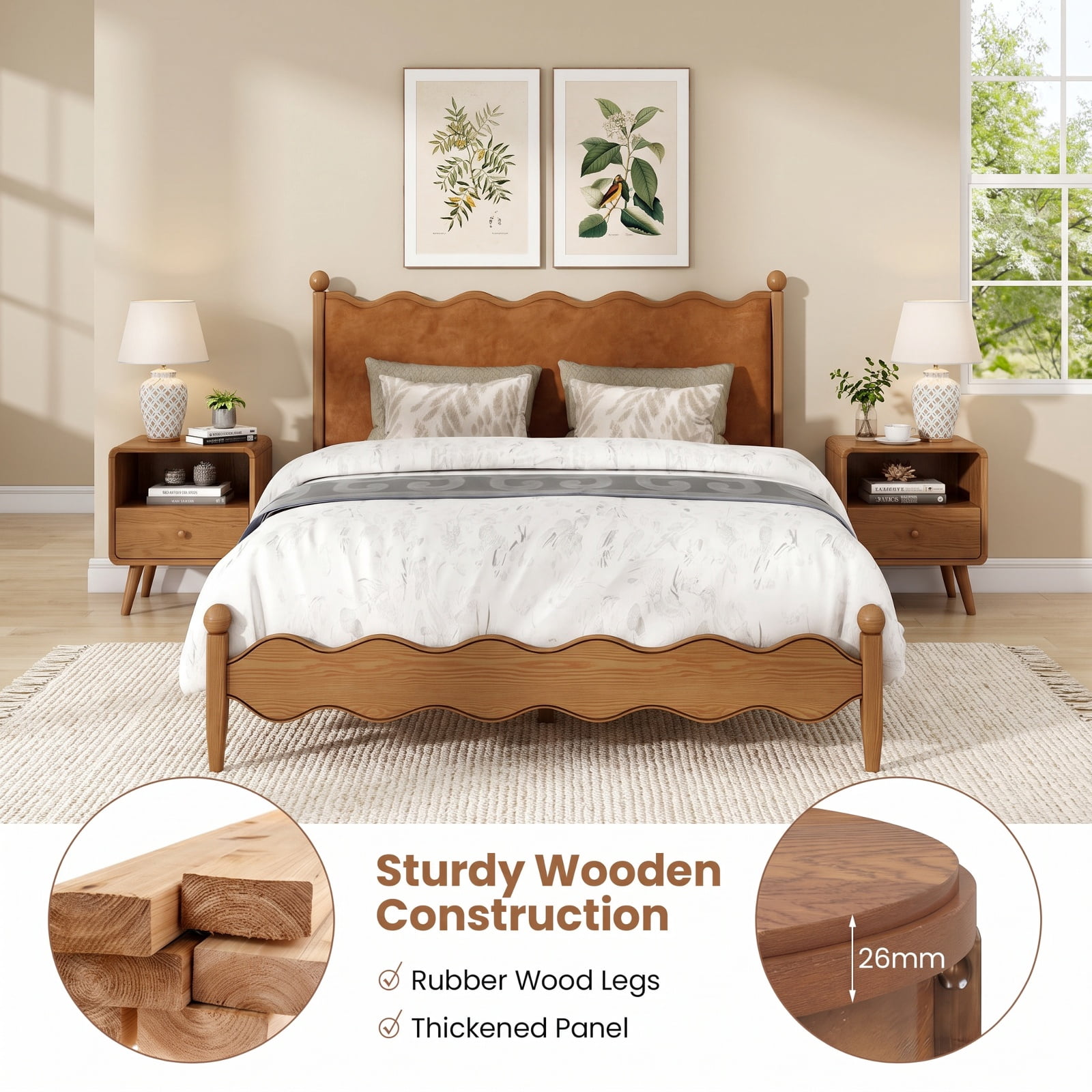 Furnibear Round 2 Tier Mid Century Nightstand with Drawer and Lower Shelf Wooden Bedside End Table for Bedroom Living Room, Oak