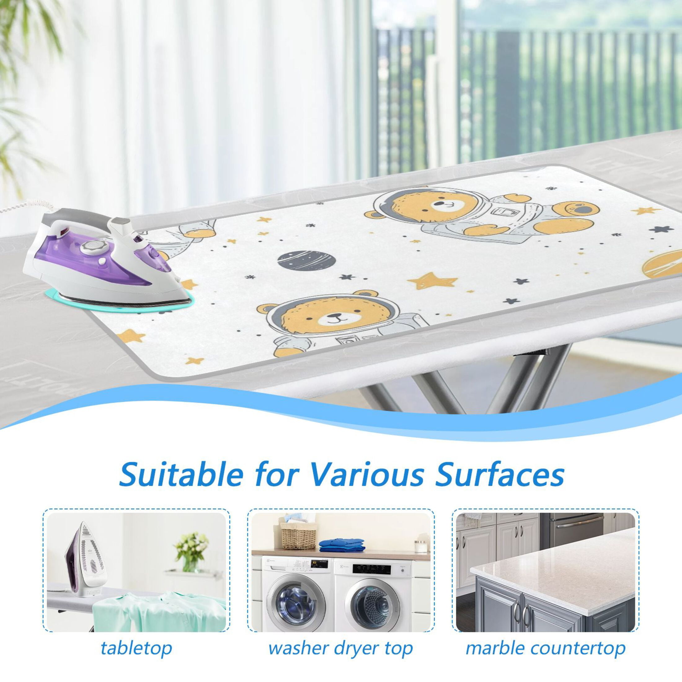 Cute Bears Astronaut Planets Stars Ironing Mat Blanket Portable Travel Ironing Pad Heat Resistant Pad 47.2" x 27.6”