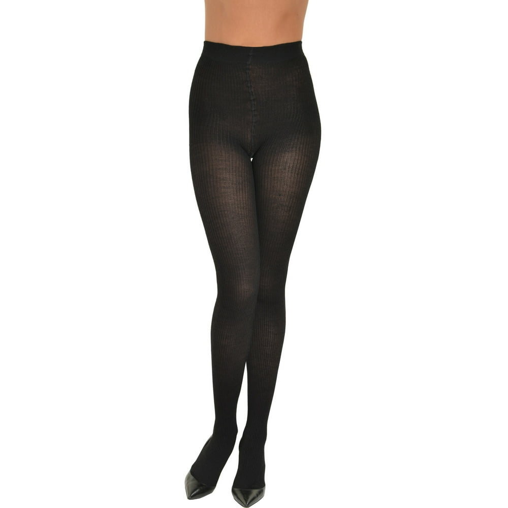 Cashmere Int Black Merino Wool Ribbed Womens Fashion Tights