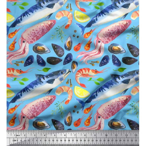 Soimoi Blue Cotton Duck Fabric Prawns,Shell & Jellyfish Ocean Printed Fabric 1 Yard 42 Inch Wide