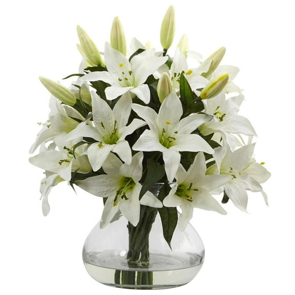 Nearly Natural Large Lily Arrangement with Vase in White