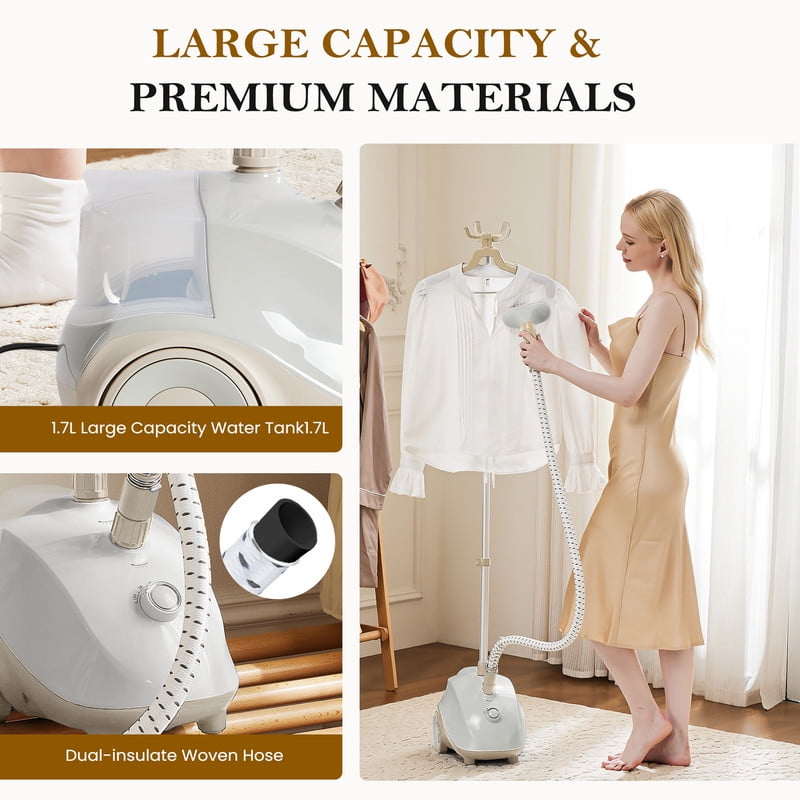 Sybels Standing Garment Steamer – 1500W Strong Power, Wheels for Convenient Mobility, 1.7L Tank Supports 55 Mins Non-Stop Steaming, Professional 45-Second Fast Heat Wrinkle Eraser, Light Grey