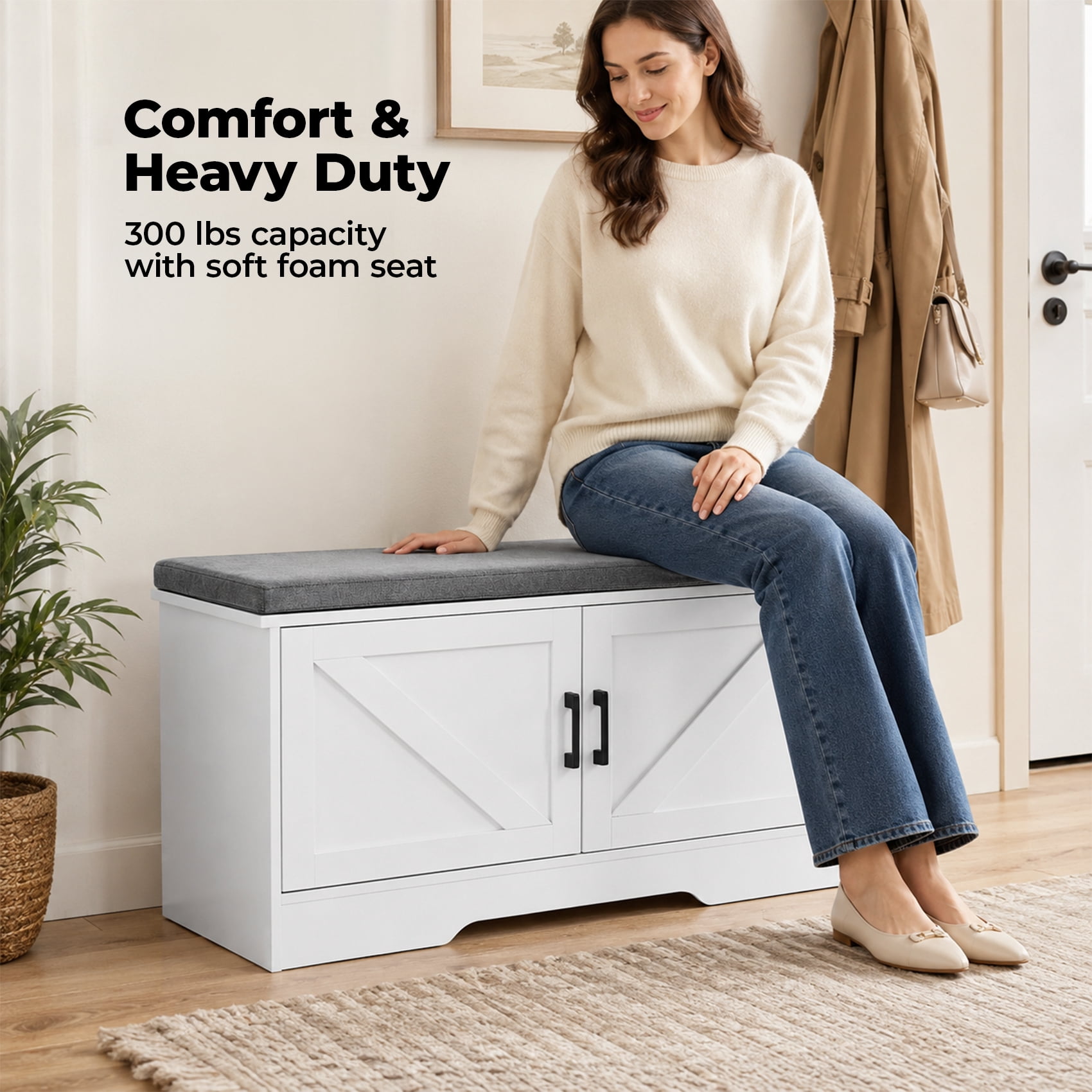 Alvantor 2-Tier Wooden Shoe Storage Cabinet with Padded Cushion and Adjustable Shelves