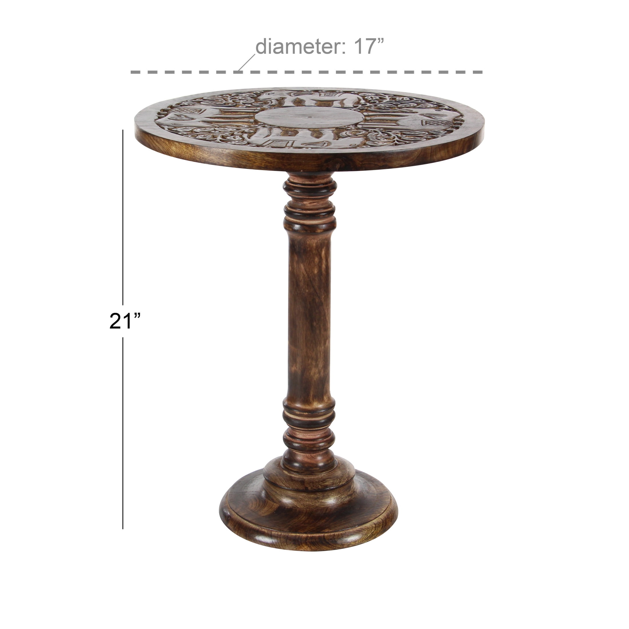 DecMode 17" x 21" Dark Brown Mango Wood Handmade Intricately Carved Elephant Accent Table with Turned Base, 1-Piece
