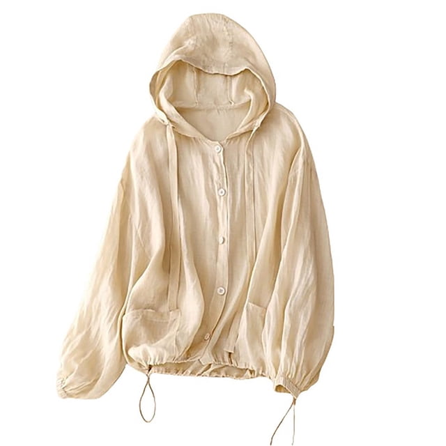Veste Anorak à Capuche pour Femme, Manches Longues, Blouse Boutonnée, Coupe Ample, Couvre-Maillot, Manteau Décontracté, Coupe-Vent