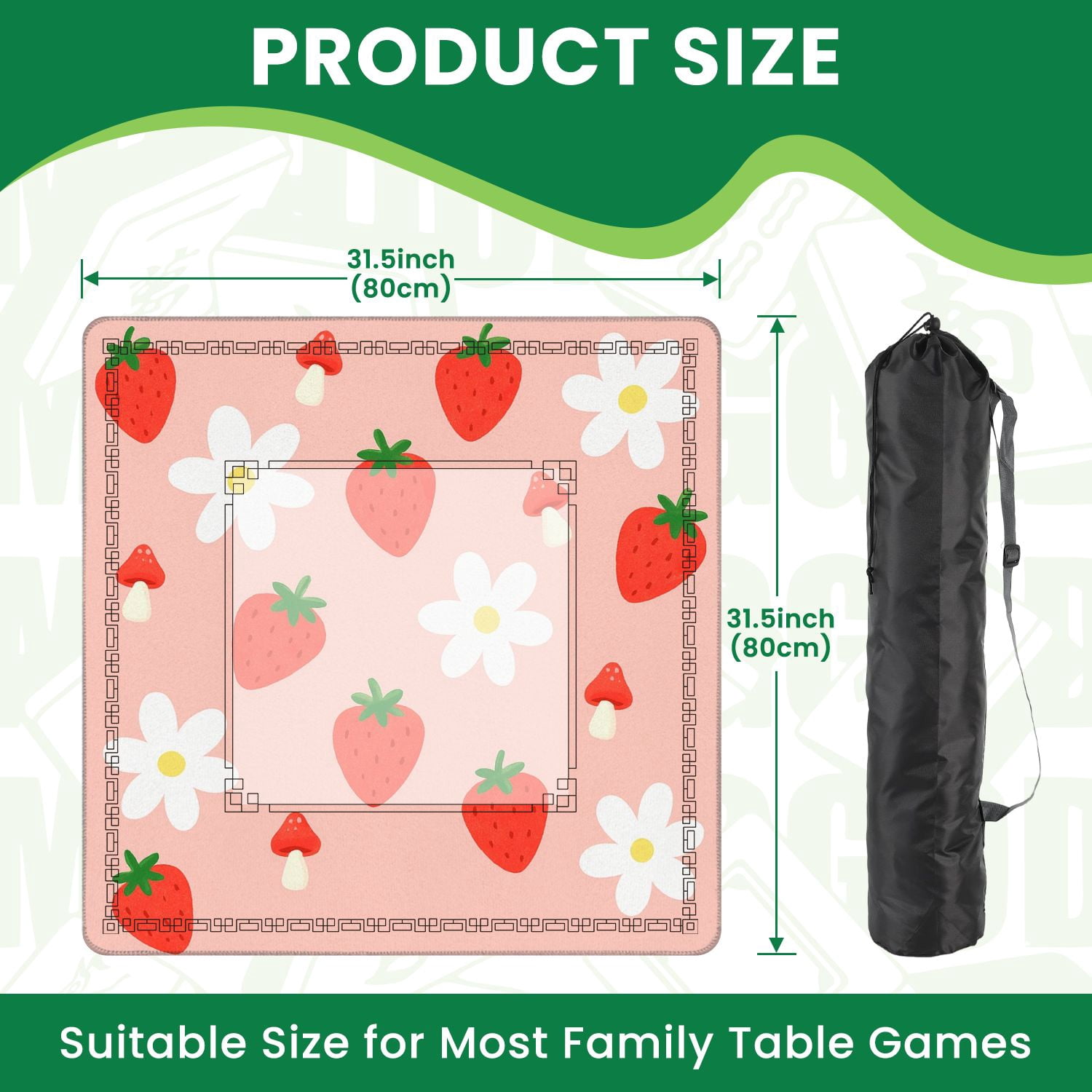 Mahjong Mat 31.5" x 31.5" Cute Strawberry Flower Mushrooms Pink Non-Slip Noise Reduction American Mahjong Tiles Table Cover for Dominoes Poker Card Board Games Gift