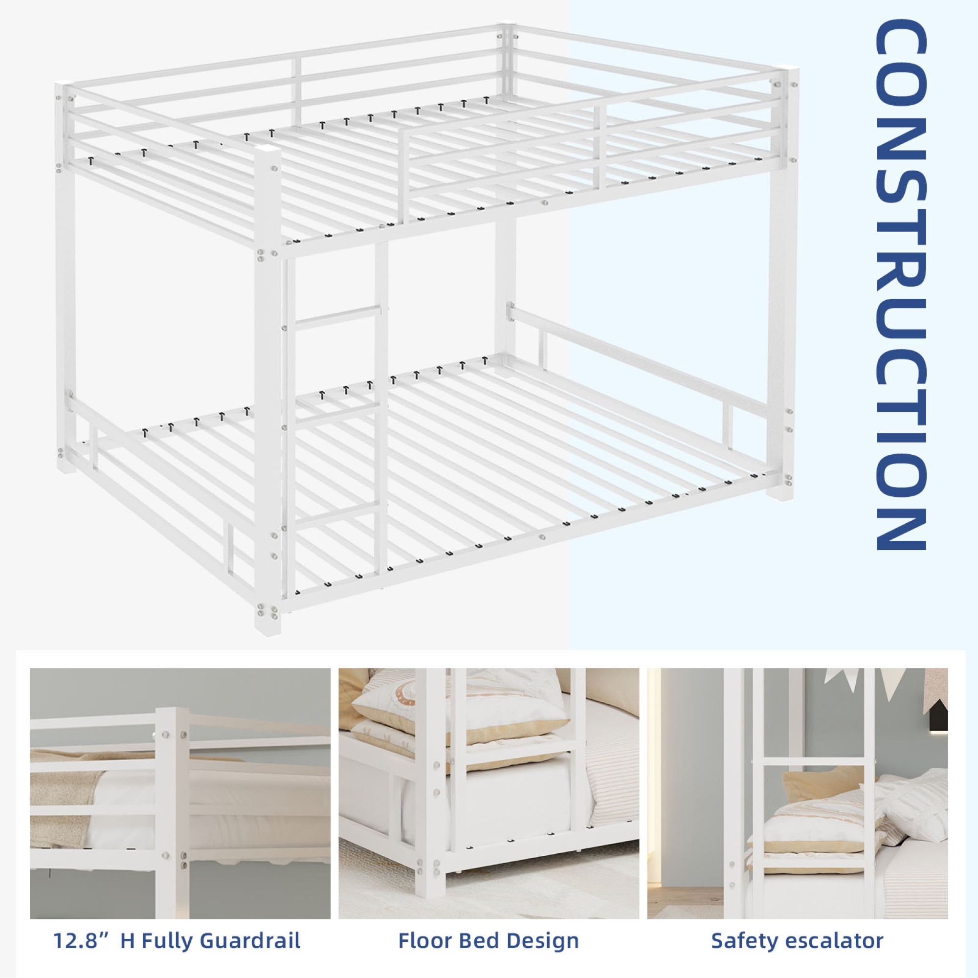 Metal Twin over Twin Bunk Bed with Ladder and Safety Guardrails, Heavy Duty Bunk Bedframe for Kids Teens Adults, Low Bunk Beds for Boys Girls, Noise Free