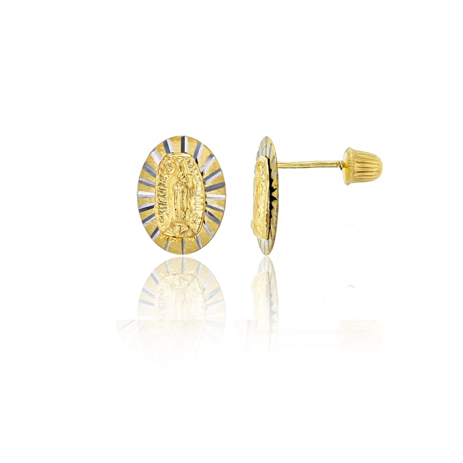 14K Yellow Solid Gold Religious Stud Earrings Virgin Mary, Angel, Our