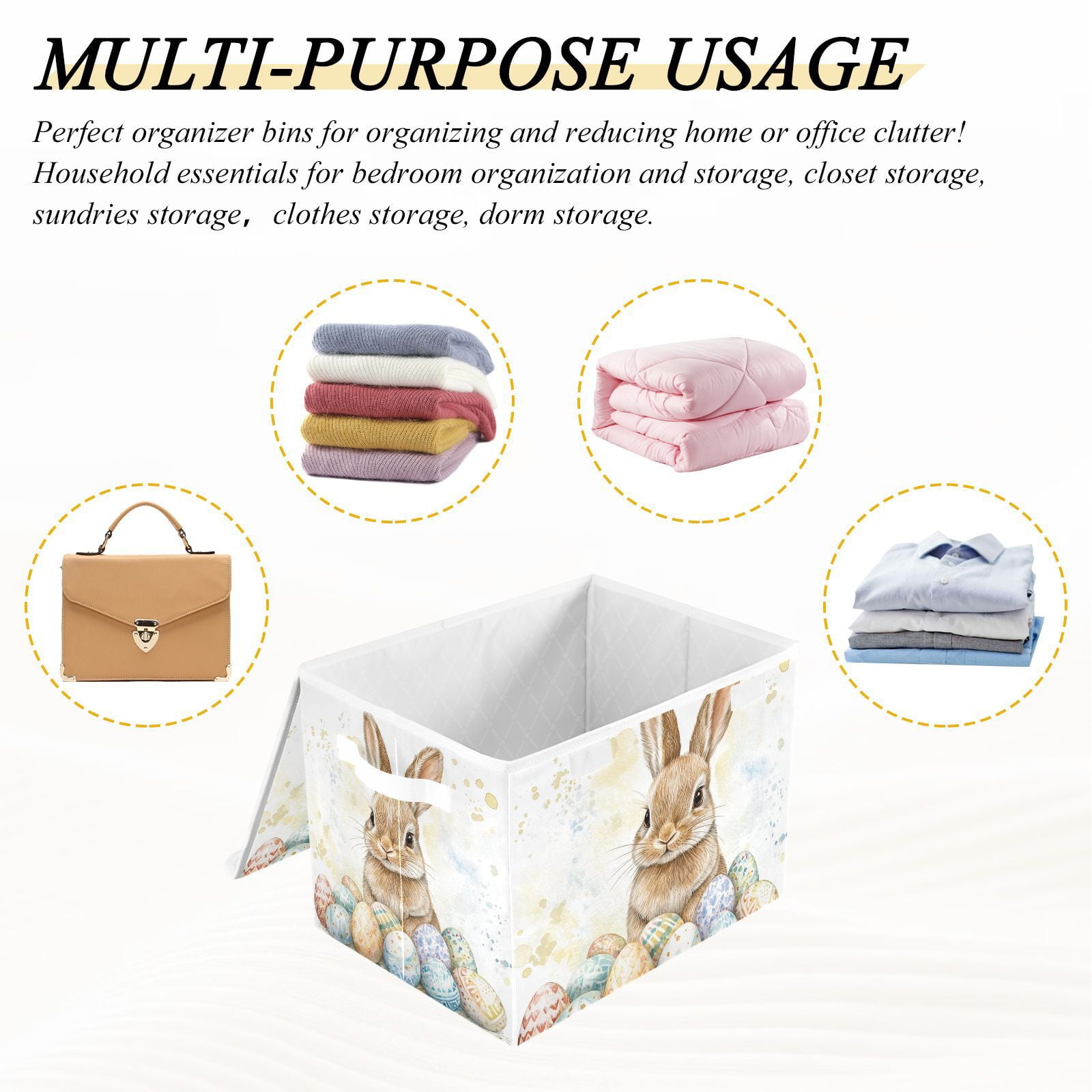 Bunny Easter Eggs Rabbit Storage Basket for Shelves Foldable Container Organizer for Organizing Toys Clothes Books with Handles