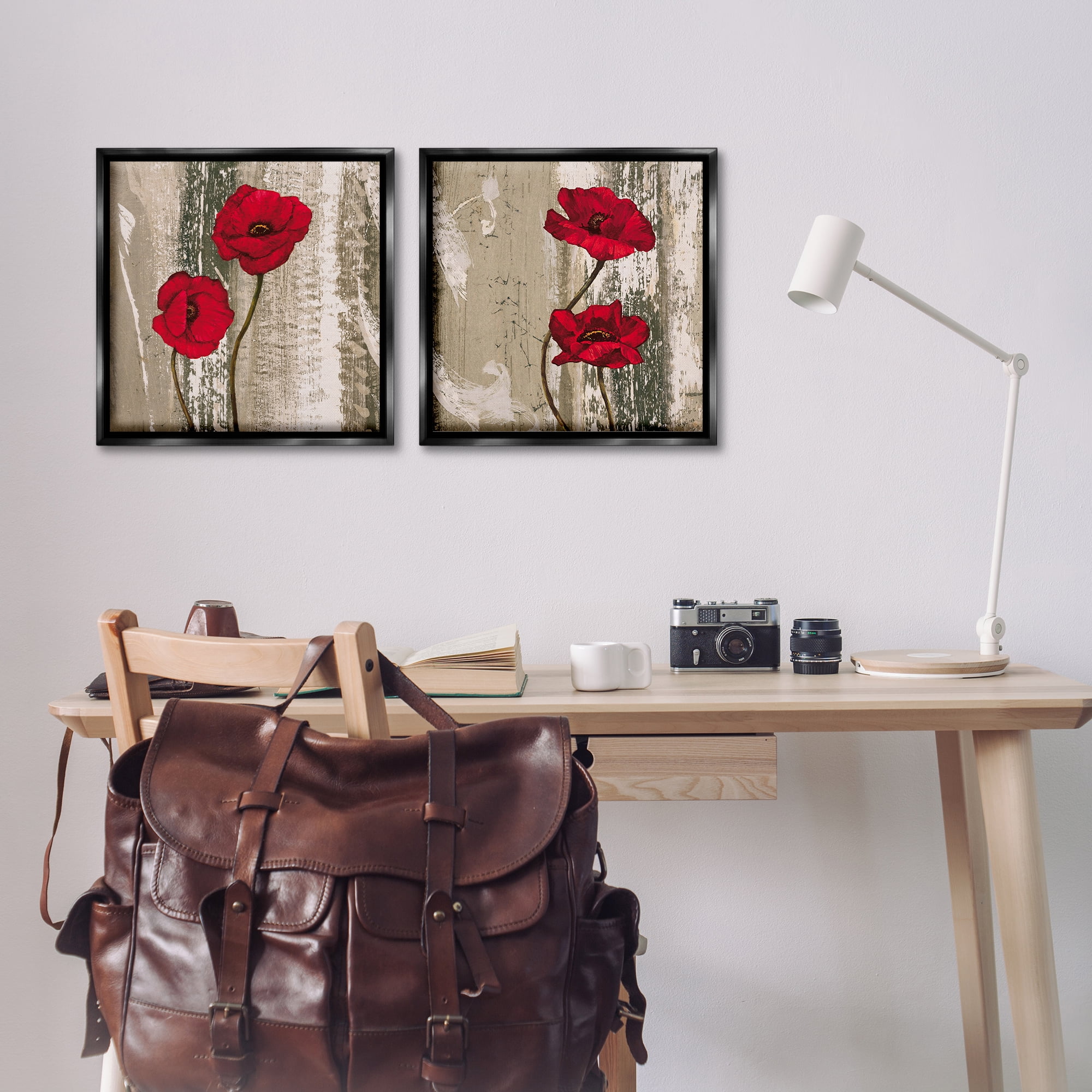 Stupell Industries Bright Red Blooms on Rustic Landscape & Nature Painting Black Floater Framed Canvas Art Print Wall Art, 18 x 18, Set of 2