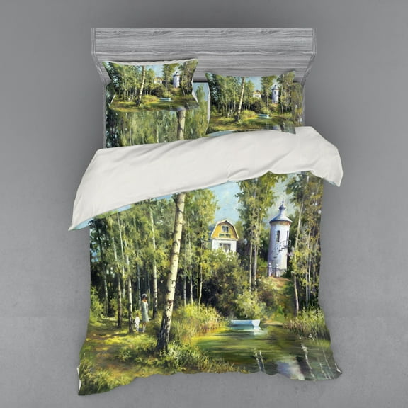 Ambesonne Nature Bedding Set 4 Pcs, House in Forest, Queen, Green