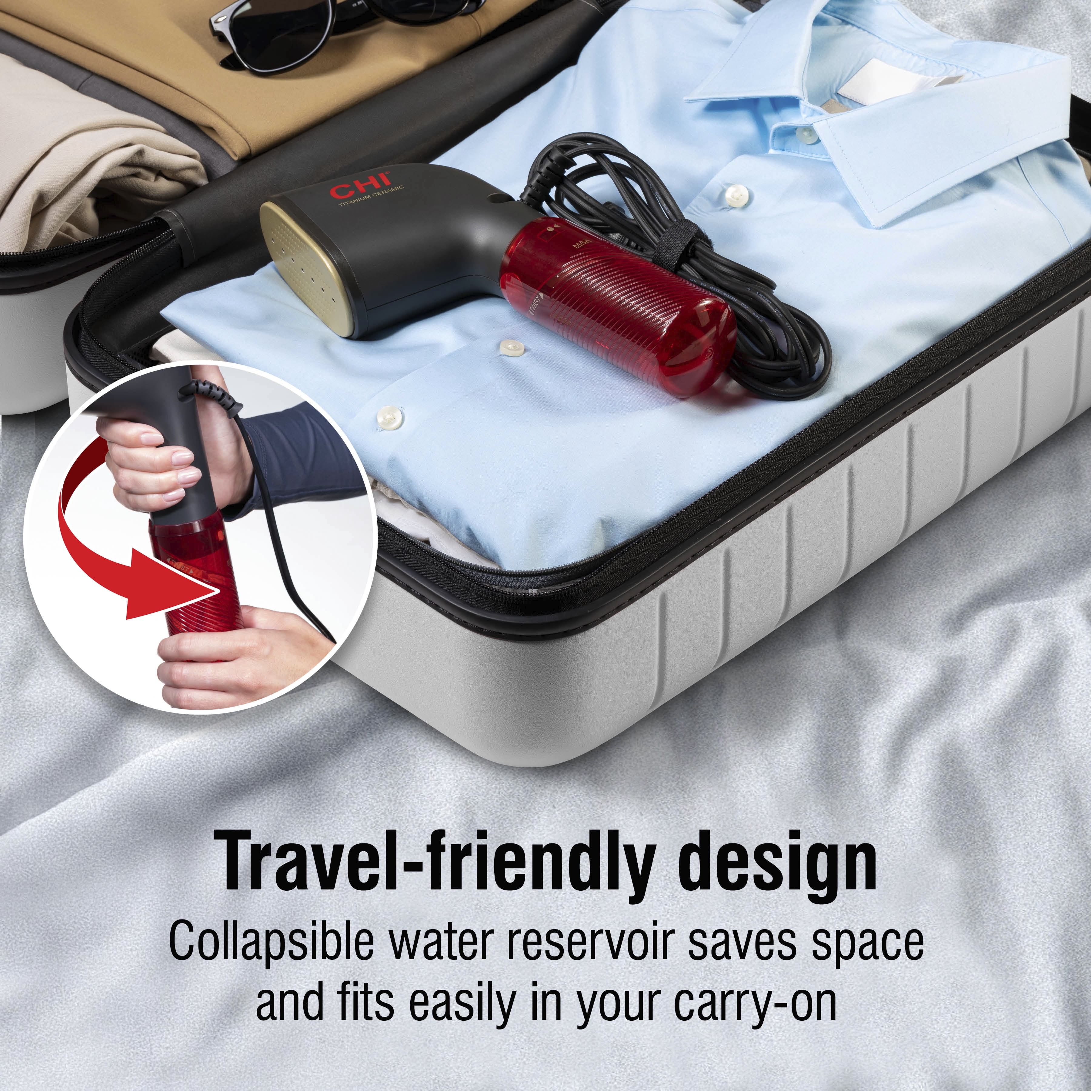 CHI Collapsible Travel Steamer, Powerful 20 Gram-Per-Minute Steam Output, Nonstick Heated Faceplate, 11611