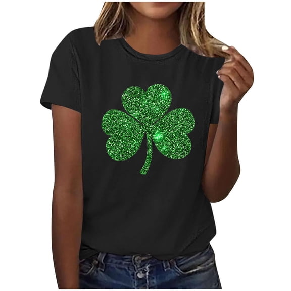 Dark Green Clover T Shirt Women St Patricks Day Glitter Graphic Tees Short Sleeve Black Tops Emerald Shine Blouse
