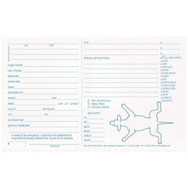 White Klip Kards Dog Grooming Kennel Card Diagram Info Checklist 5 x 8 100 Ct (100 Pack)