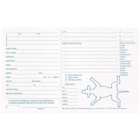 White Klip Kards Dog Grooming Kennel Card Diagram Info Checklist 5 x 8 100 Ct (300 Pack)