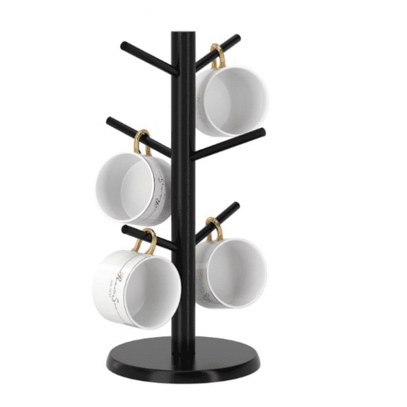 Black Coffee Mug Tree, Updated Thick Bamboo Mug Holder Base,Coffee Cup Stand Mug Holders with 6 Hooks for Countertop Cup Rack Organizer Stand (Black)