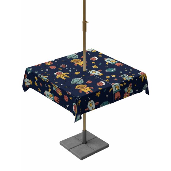 Outdoor Tablecloth with Umbrella Hole for Patio/Picnic/Party/Camping, Cartoon Space Waterproof Table Cloth Square Cover Washable, Funny Cute Rocket Planet Navy Blue (60"x 60")