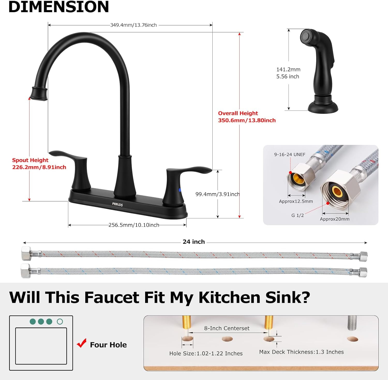 PARLOS 8 Inch Two Handles High Arch Kitchen Sink Faucet with Side Sprayer & Supply Lines, Matte Black