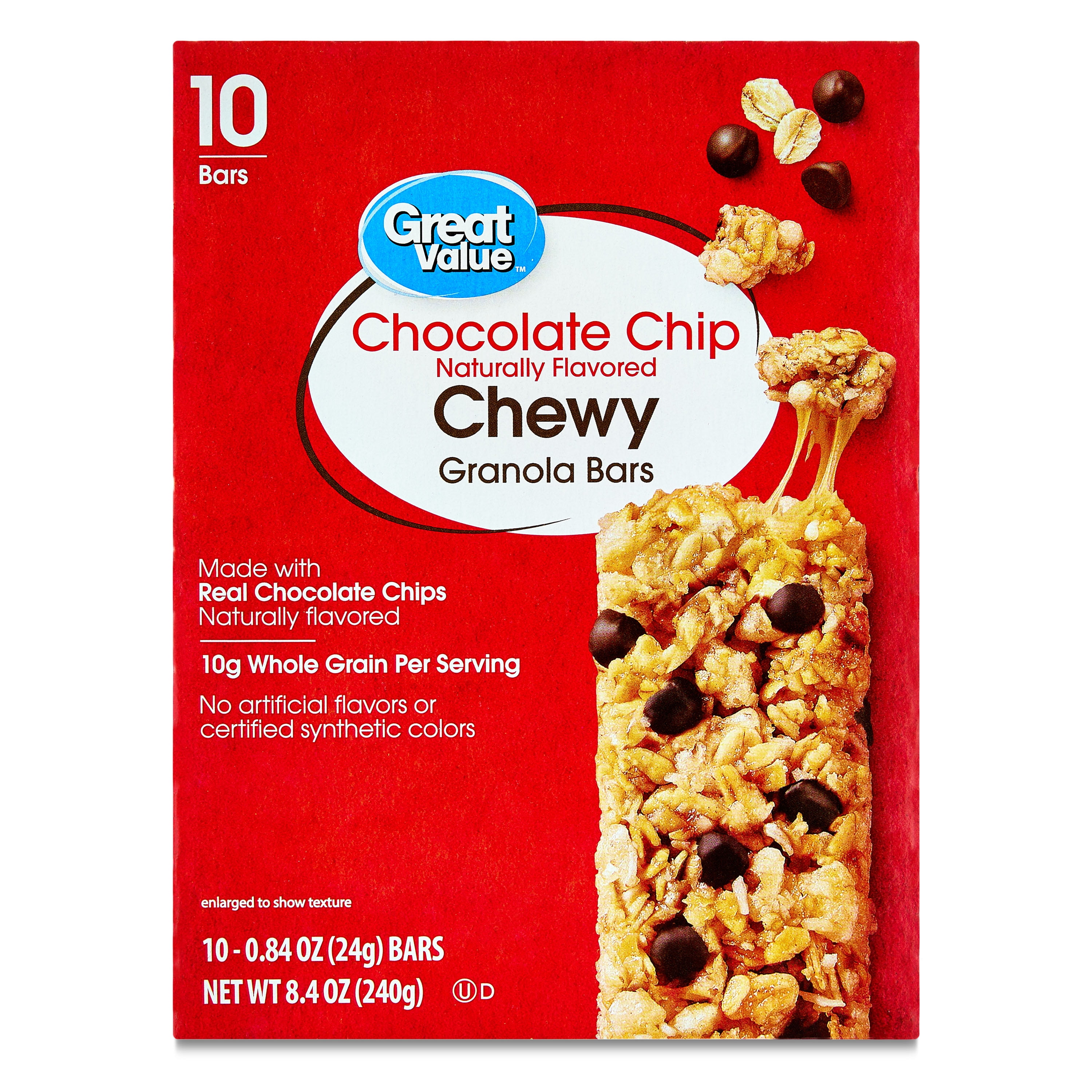 (4 pack) Great Value Chocolate Chip Chewy Granola Bars, 0.84 oz, 10 Count