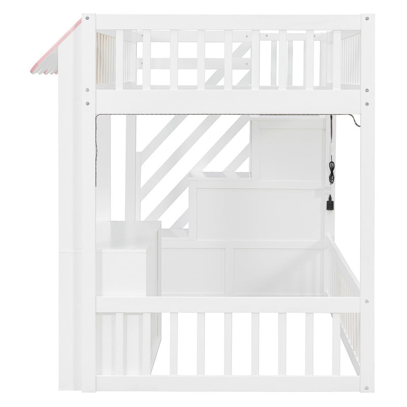 Twin Size Playhouse Kids Loft Bed with Eaves Design, Wood Child Bed Frame with Storage Staircase, LED Light & Under Bed Cabinets