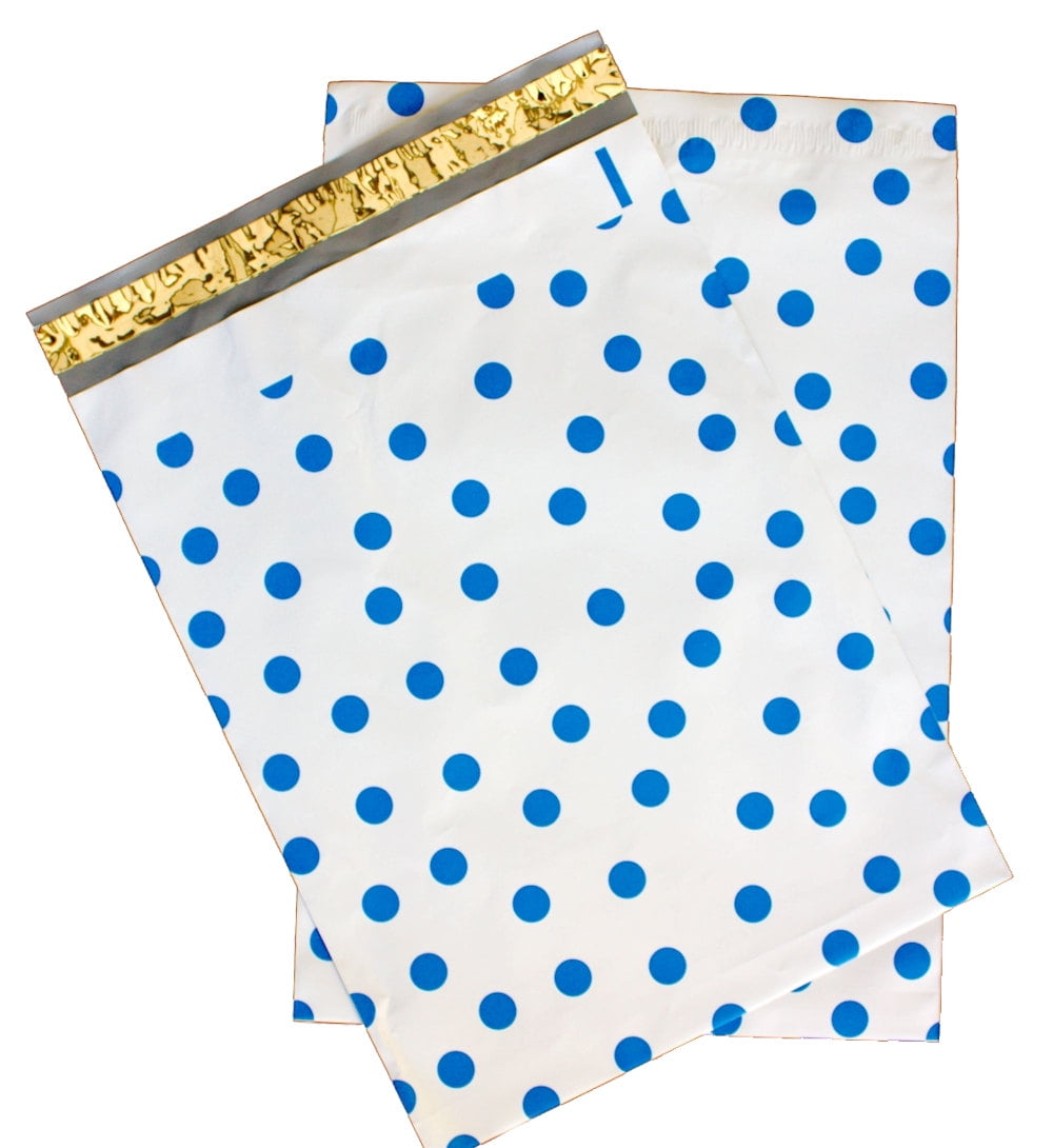 12" x15" Designer Poly Mailers, Blue Polka Dots, Flat Poly Shipping