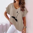 thumbnail image 2 of Hauts d'Été pour Femmes Col en V Imprimé Coton Lin Manches Courtes T-Shirts Décontractés Légers Blouse Habillée, 2 of 6