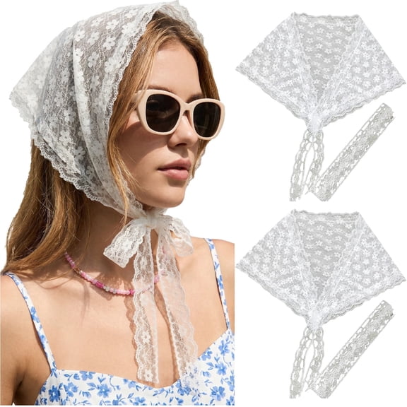 2 Pack White Floral Lace Triangle Head Wraps, Tie Design Decorative Hair Accessories for Women.