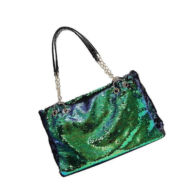 Tote Bag Work Two Tone Reversible Sequin Handbag Green Large Capacity Shoulder Bag With Chain And Fabric Lining For Women 1Set