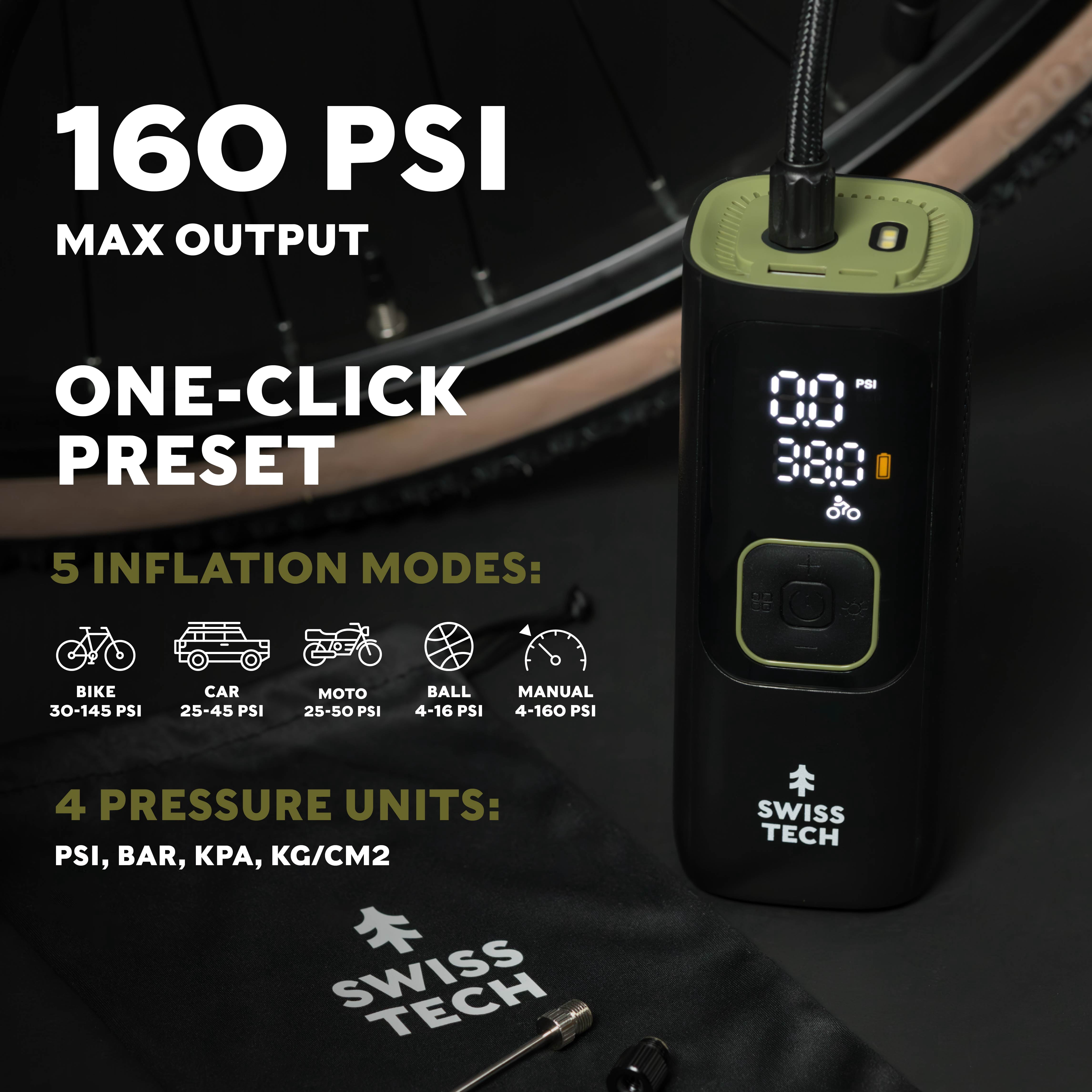 Swiss Tech Portable Cordless Tire Inflator with Digital Display and LED Light, 160 PSI Capacity