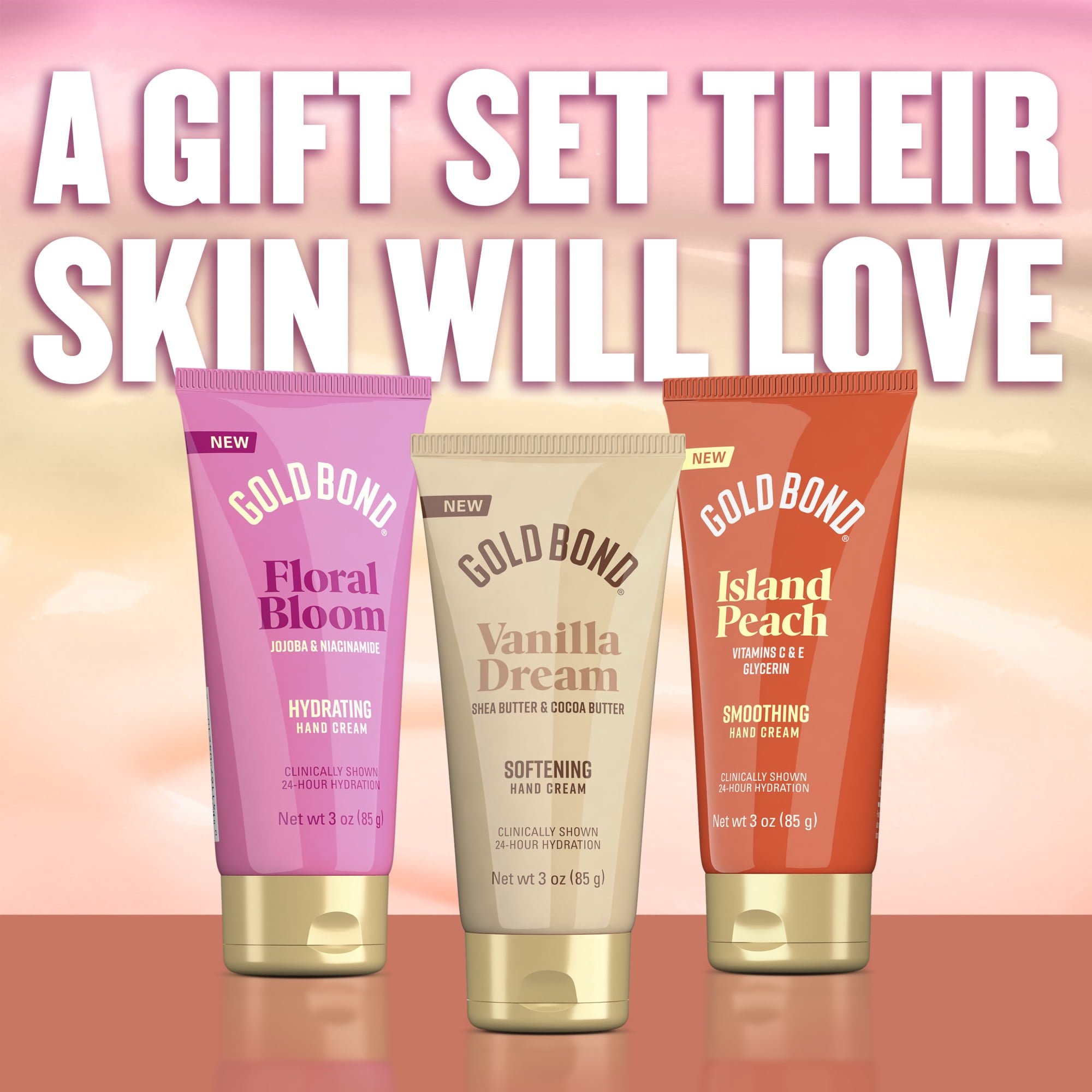 Gold Bond Scented Hand Cream Gift Set, 3-Pack, Vanilla Dream, Floral Bloom, Island Peach, 3 oz Each